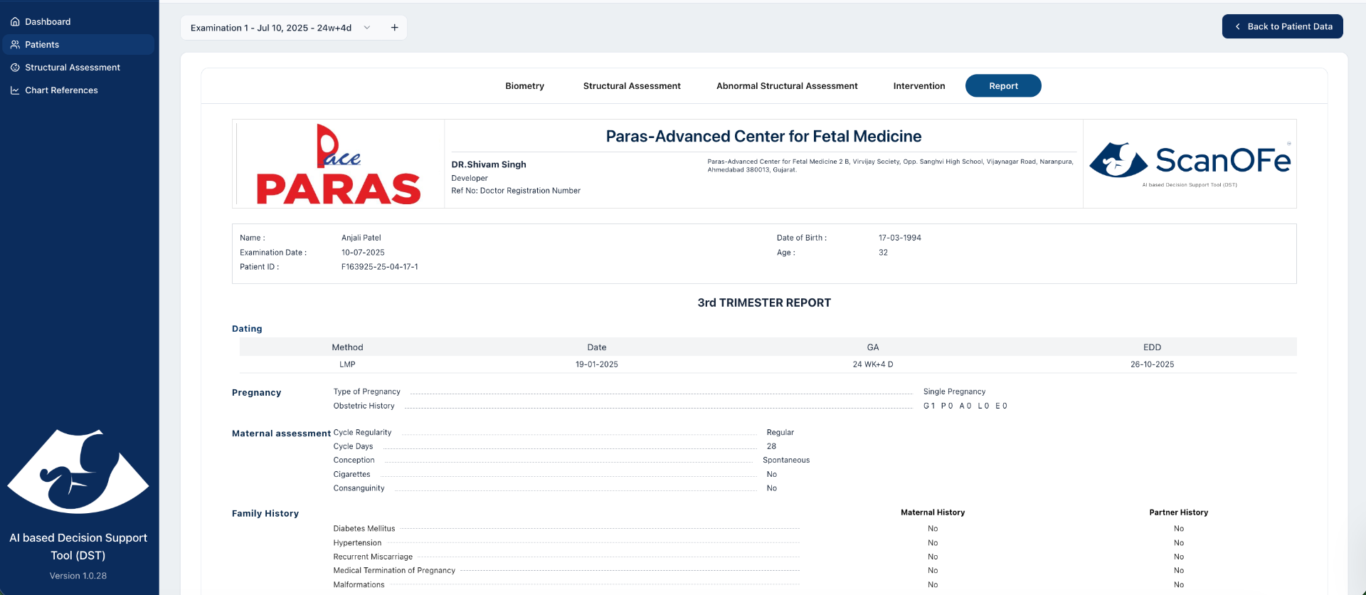ScanOFe Report: 3rd Trimester structured report with patient information, dating and pregnancy details